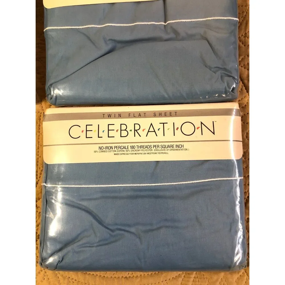 Lot 3 Vintage Mervyn's Celebration Twin Flat Sheets Blue Percale NOS Cottage USA